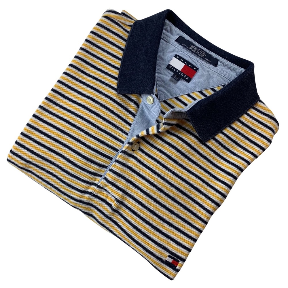 Vintage Tommy Hilfiger Striped Polo Shirt Mens XXL Yellow Navy Blue 2002 Cotton